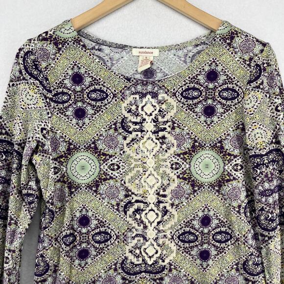 SUNDANCE Top S Boho Medallion Embroidered Cuffed Knit Trim Cotton Modal Purple - Picture 4 of 14
